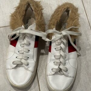 Steve Madden White and Red Fur-Lined Sneakers